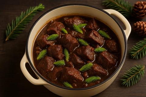 Говядина кусочками запекается в духовке с соусом из грибов