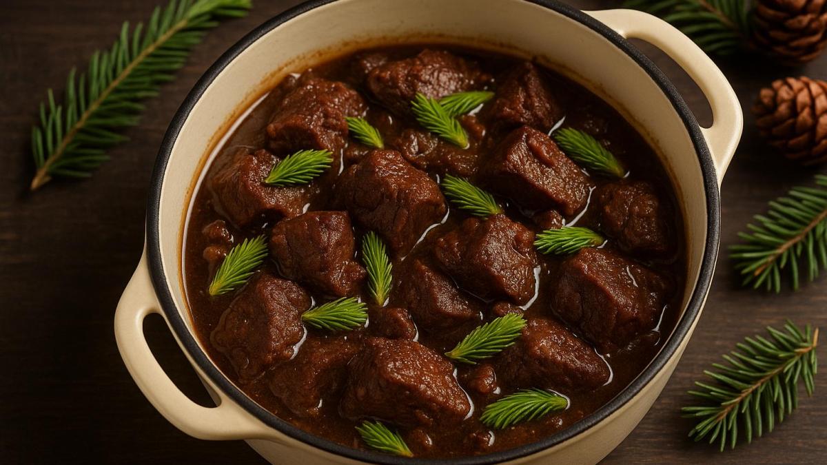 Тушёная говядина с пихтовыми почками по-зимнему
