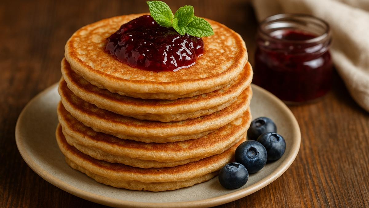 Оладьи из ячменной муки с ягодным вареньем