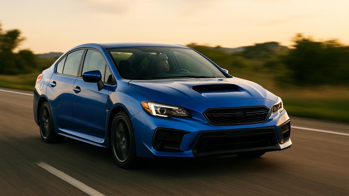 Синий спортивный седан на дороге