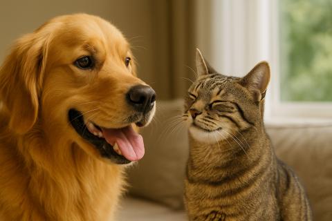 Способность собаки уживаться с кошкой во многом зависит от её социализации в возрасте щенка