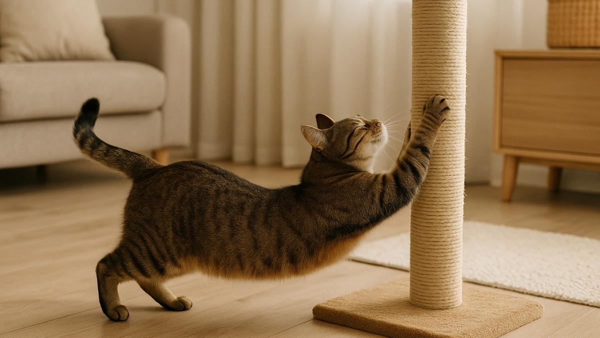 Кошка тянется у когтеточки