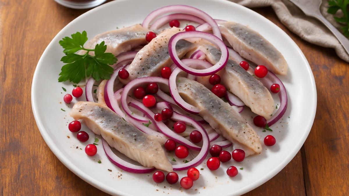 Солёная сельдь с луком и брусникой