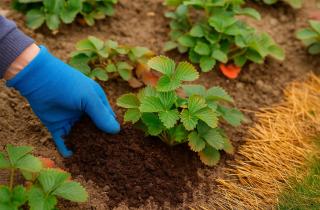 Чтобы спасти клубнику зимой, горшки можно закопать в землю и замульчировать листьями