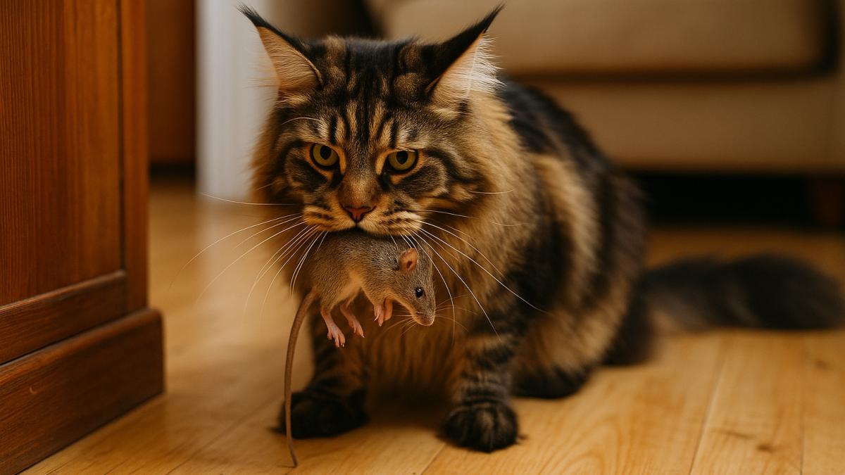 Кошка поймала мышь