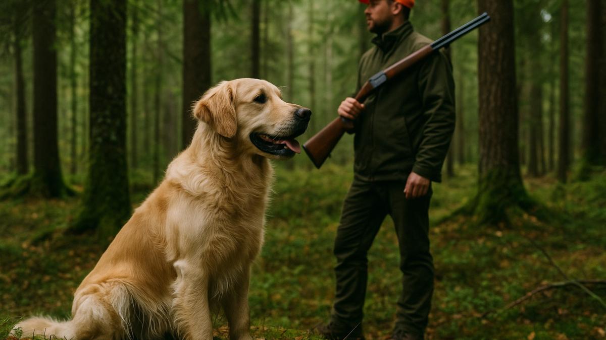 Охотник с собакой в лесу