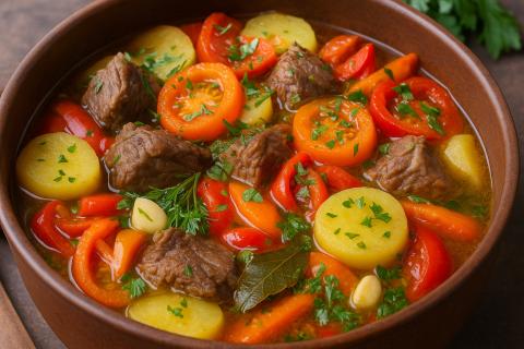 Мясо с овощами в остром соусе готовится по методу профессиональных поваров за 25 минут