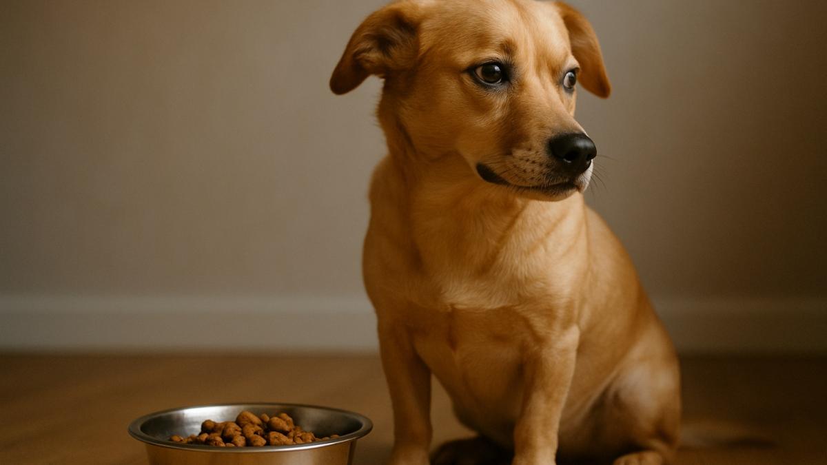 Собака отворачивается от миски с едой Собака отворачивается от миски с едой