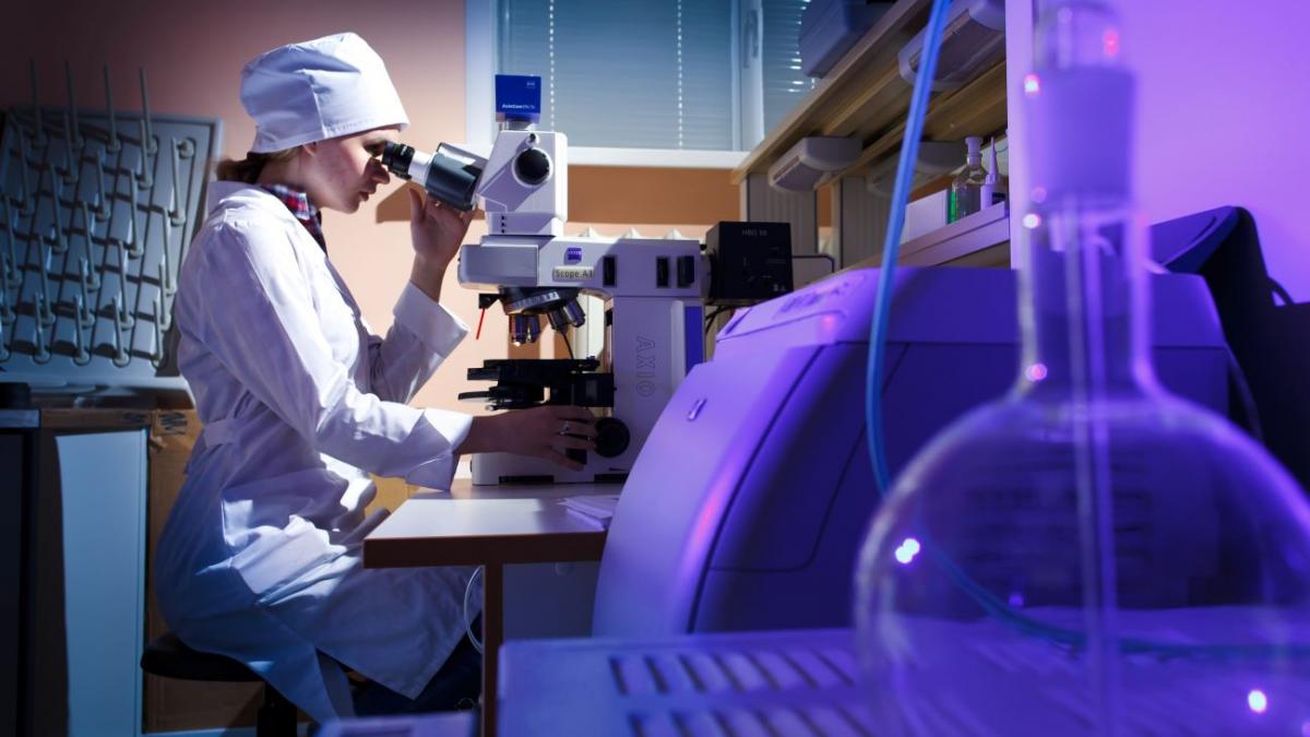 Студент проводит наблюдение через микроскоп Студент проводит наблюдение через микроскоп