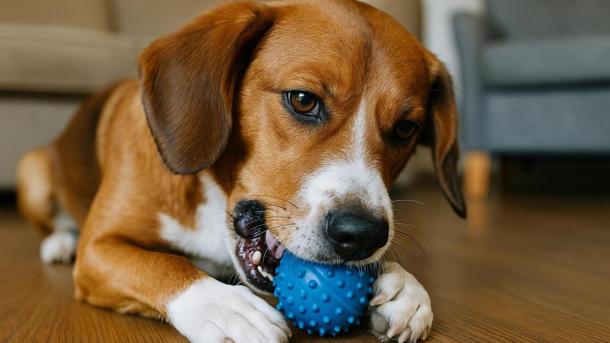 Собака грызет игрушку Собака грызет игрушку