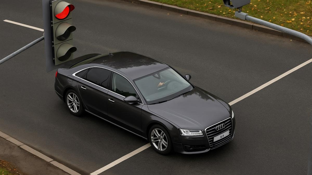 Ауди А8 пересекает стоп-линию на светофоре