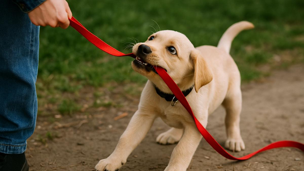 щенок кусает и тянет поводок