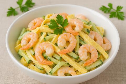 Салат с креветками на основе майонеза является популярным праздничным блюдом — повар