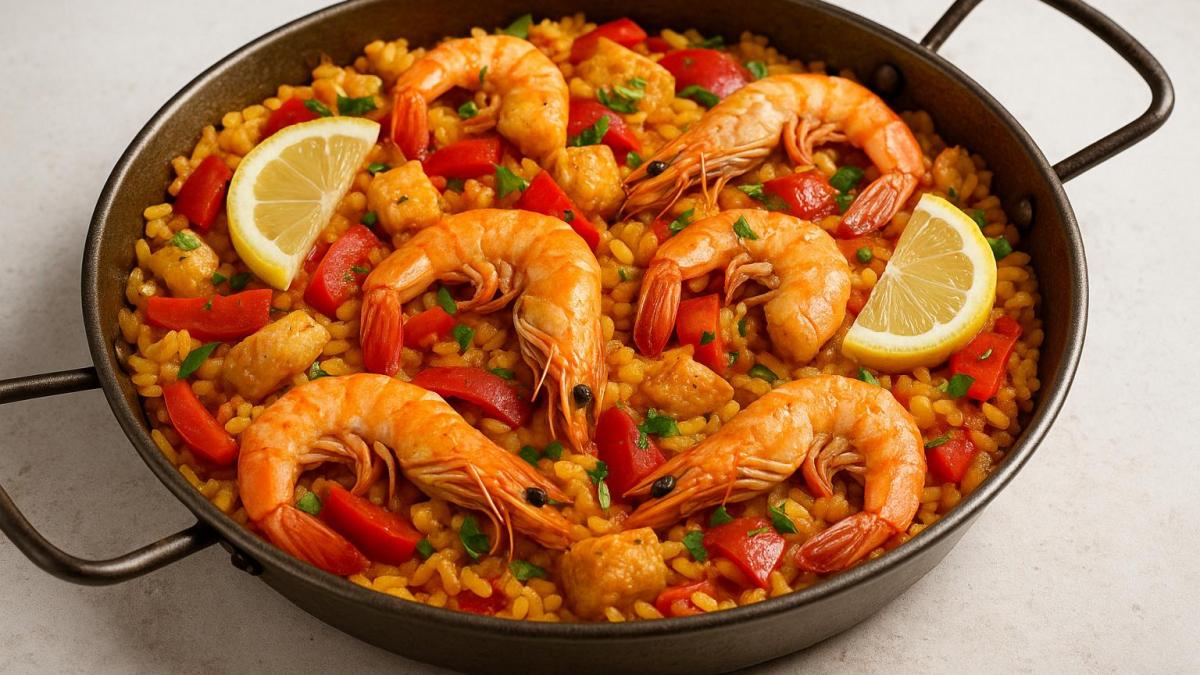 Паэлья с креветками и курицей