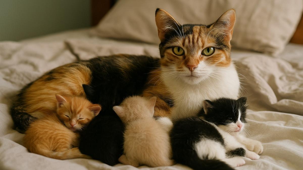 Кошка с разноцветными котятами