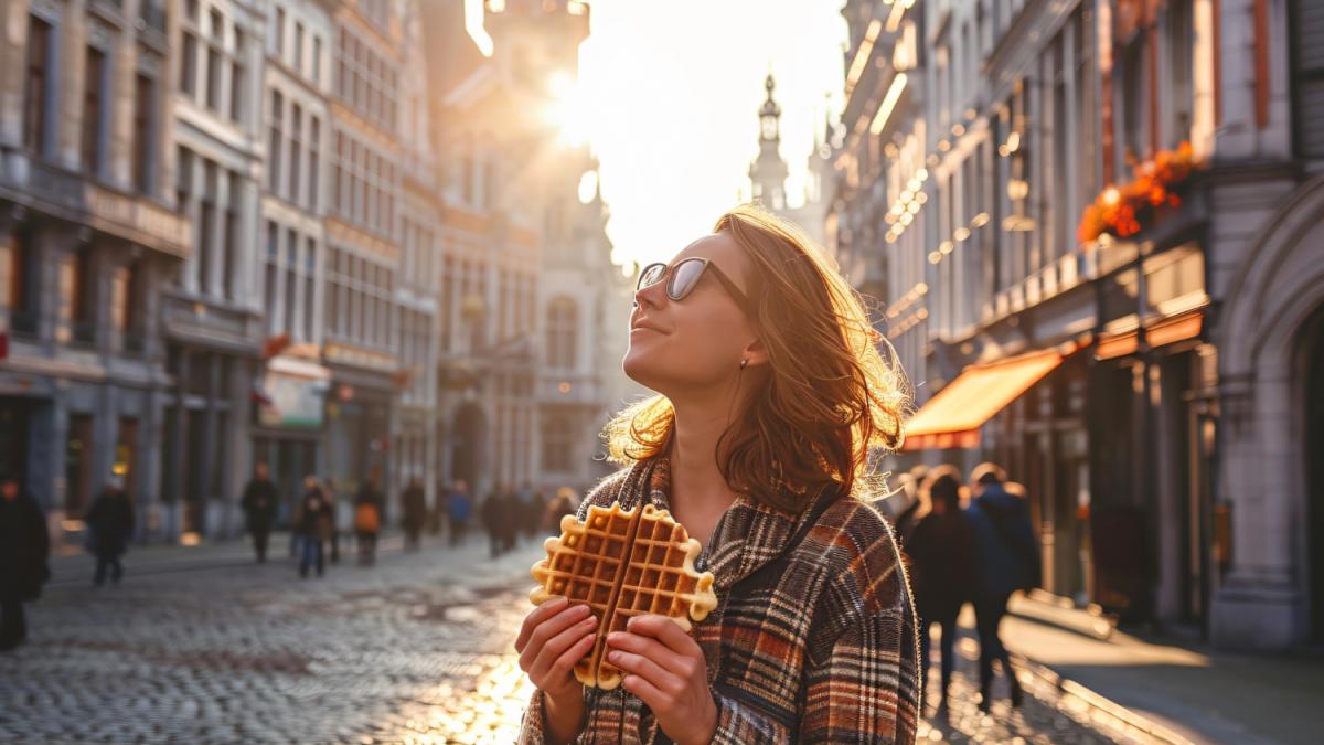 Девушка наслаждается уличной едой