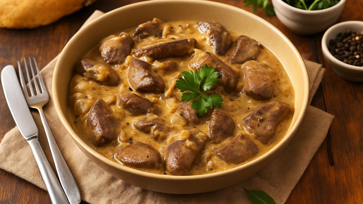 Тушёная говяжья печень с луком и сливками