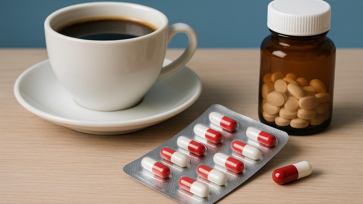 Чашка кофе и лекарства на столе