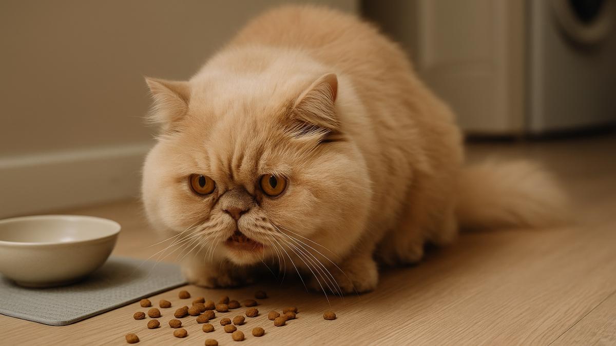 Персидская кошка ест корм на полу