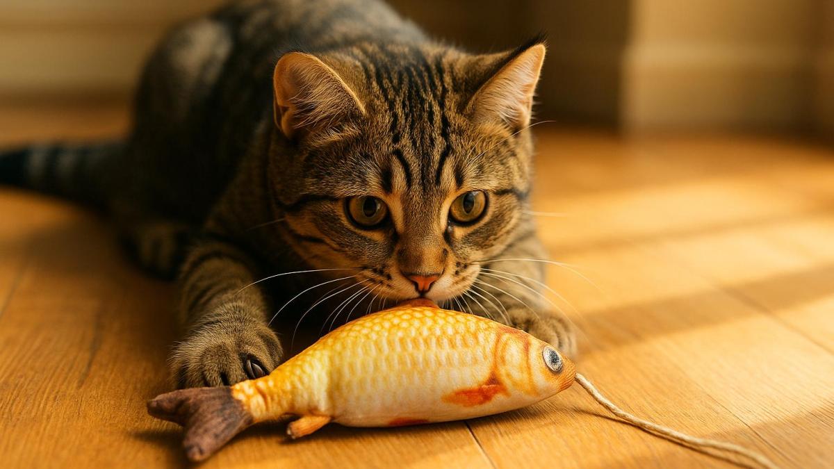 Кошка играет с игрушкой