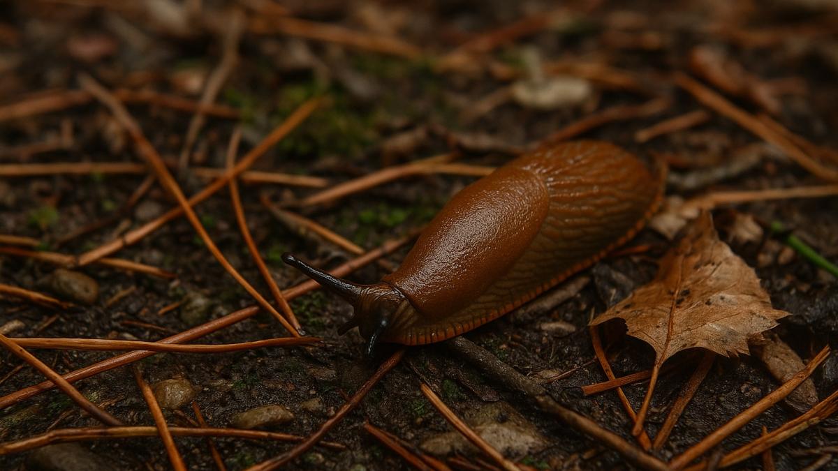 Слизень на осенней грядке среди хвои