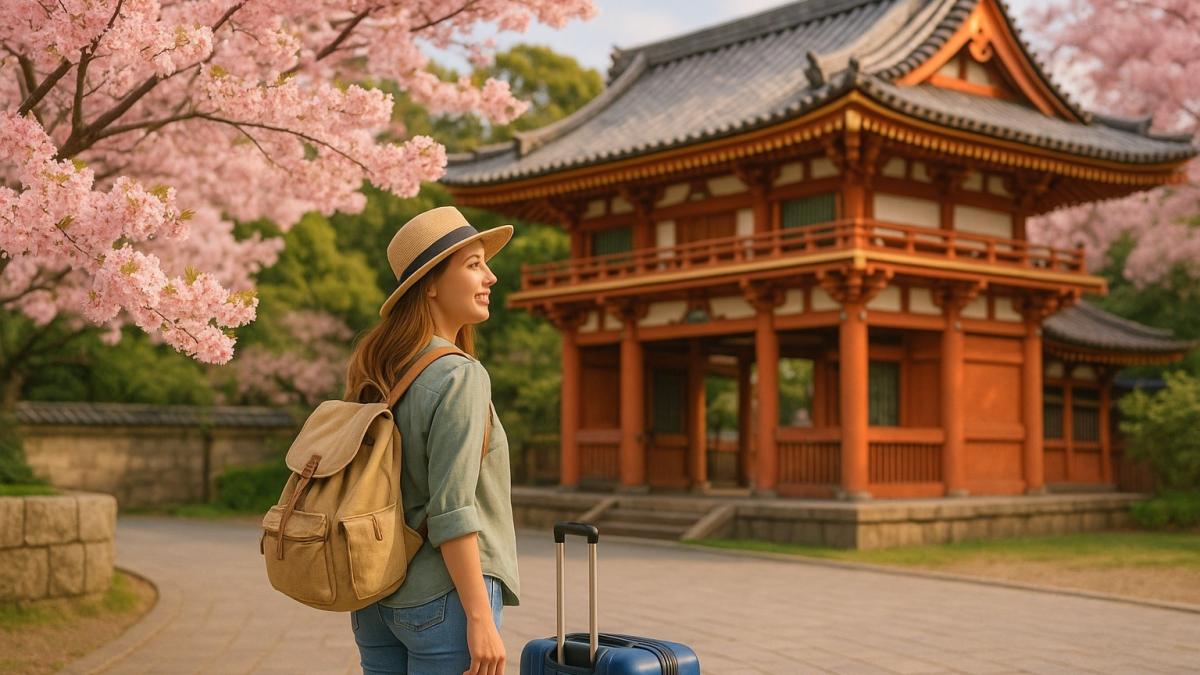 Туристка у японского храма Туристка у японского храма