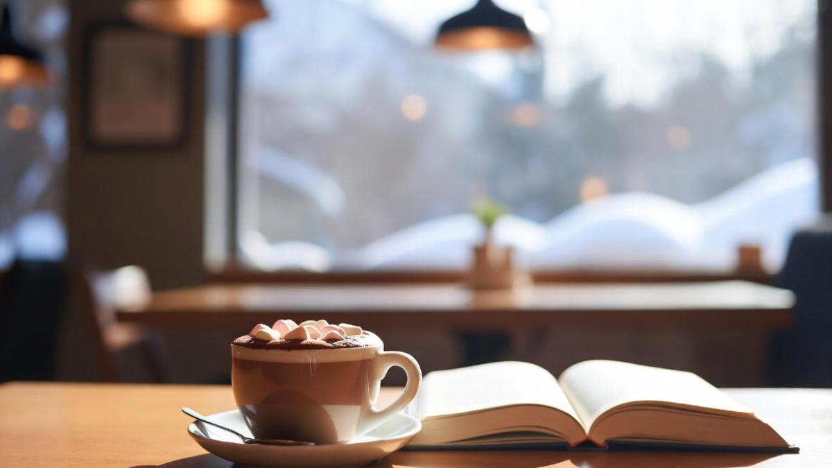 Горячий шоколад и книга в снежном кафе (уют)